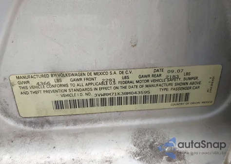 2008 Volkswagen Jetta Se/Sel z USA, uszkodzony, nr VIN 3VWRM71K38M043595